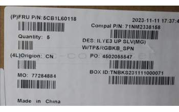 Lenovo 5CB1L60118 C-Abdeckung mit Tastatur, Spanisch, Mineralgrau, RGB-Hintergrundbel.