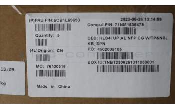 Lenovo 5CB1L69693 C-Abdeckung mit Tastatur, Spanisch, Wolkengrau, Nicht_beleuchtet, Ohne_Fingerabdruckscanner