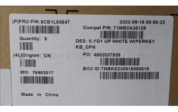 Lenovo 5CB1L83647 C-Cover with keyboard,Spanish,White,RGB Backlight